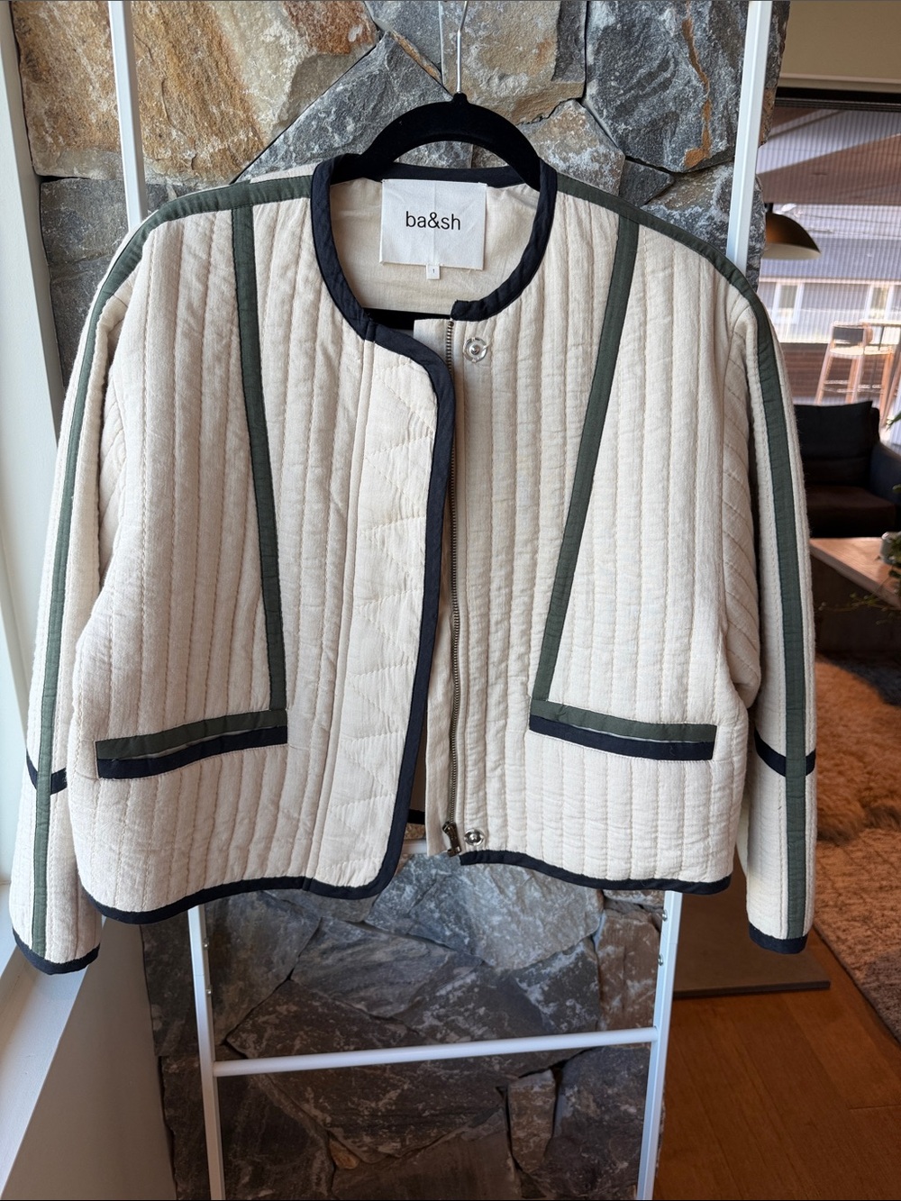 ba&sh Cream Quilted Bomber Jacket with Olive & Black Trim